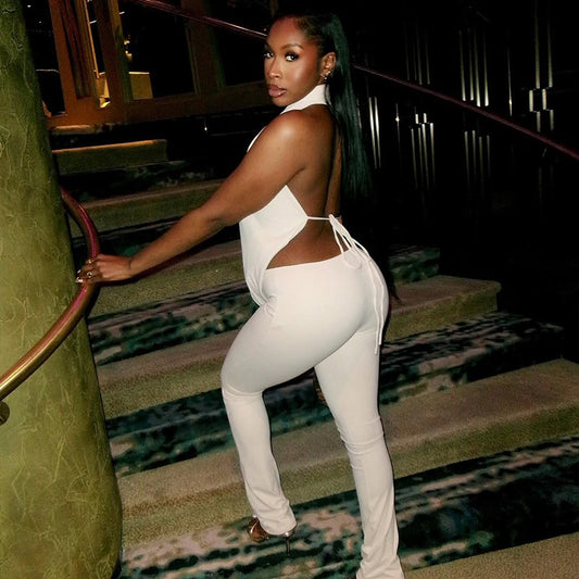 Halter Swing Collar Solid Color Commuting Pants Set Backless Lace up Top Tight Trousers Two Piece Set