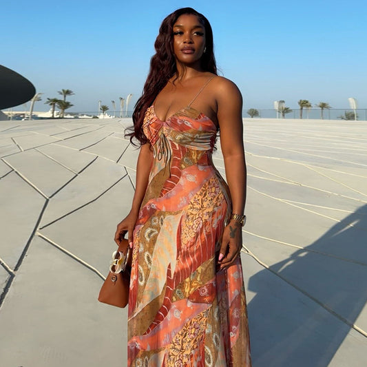 Printed Lightweight Women Sexy Backless Hip Dress Slim Strap Casual Holiday Maxi Dress