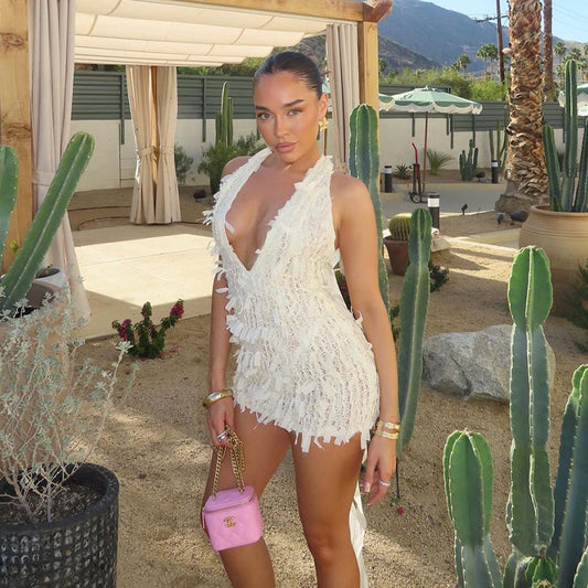 Halter Lace Up V Neck Backless Slim Fit Dress