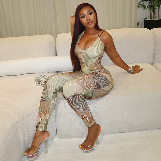 Women Clothing Backless Tight Home Long Conjoined Trousers Printed Sexy Bandeau Jumpsuit All Matching