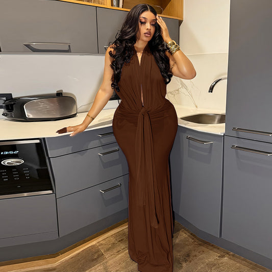 Women Clothing Fitted Waist Pleated Lace-up Hip Skirt Halter Sexy Backless Home Comfortable Maxi Dress