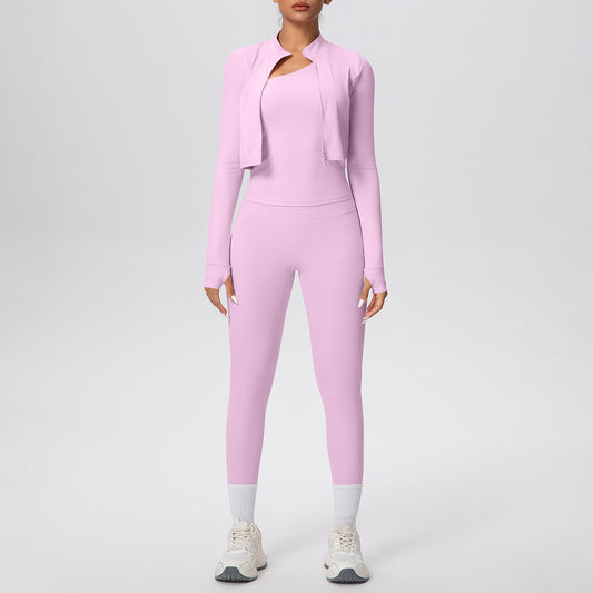 Long Sleeve Coat, Oblique Shoulder Vest,Slim Fit Yoga Pants -Three Piece Set
