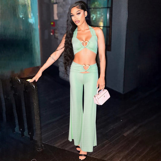 Spring Summer Lace up Halter Tube Top, Heart Shaped Clasp, High Waist Wide Leg - 2 PIECE