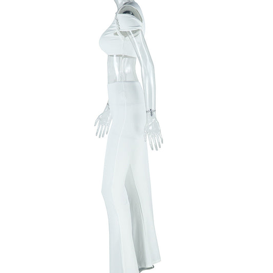 Solid Color Diagonal Collar Short Design off Shoulder Top High Waist Slim Fit Pants Two Piece Sets for Women