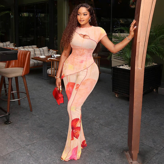 Women Clothing Skinny Pants Personality Short Sleeve Slim Street Asymmetric Long Two Piece Sets